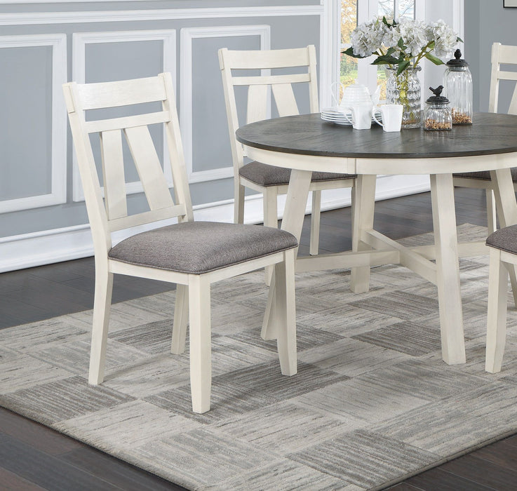 Dining Room Furniture 5 Pieces Dining Set Round Table And 4 Side Chairs Gray Fabric Cushion Seat White Clean Lines Wooden Table Top