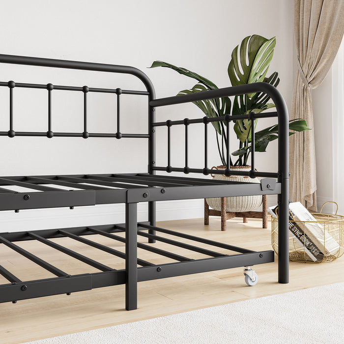 Twin Size Metal Daybed Frame With Trundle, Heavy Duty Steel Slat Support Sofa Bed Platform With Headboard, No Box Spring Needed, Black