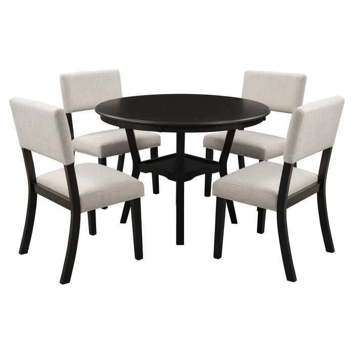 Trexm 5 Piece Kitchen Dining Table Set Round Table With Bottom Shelf, 4 Upholstered Chairs For Dining Room - Espresso