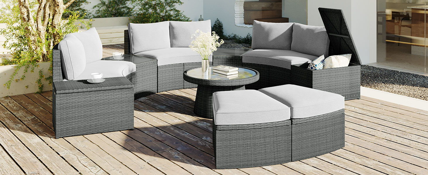 Top max 10 Piece Outdoor Sectional Half Round Patio Rattan Sofa Set, Pe Wicker Conversation Furniture Set For Free Combination, Light Gray