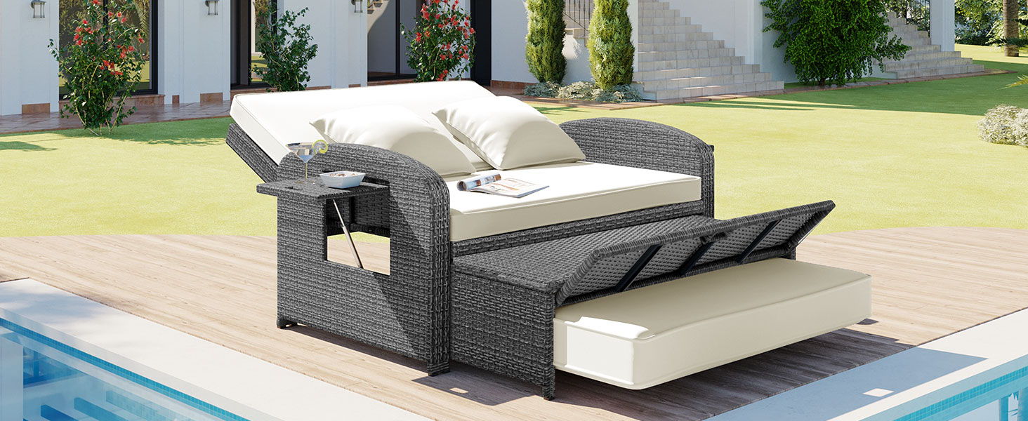Topmax PE Wicker Rattan Double Chaise Lounge, 2-Person Reclining Daybed With Adjustable Back And Cushions, Free Furniture Protection Cover, White