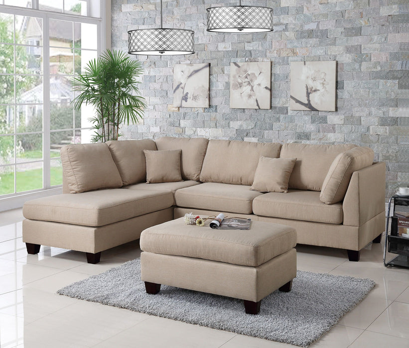 Sand Color 3 Pieces Sectional Living Room Furniture Reversible Chaise Sofa And Ottoman Polyfiber Linen Like Fabric Cushion Couch