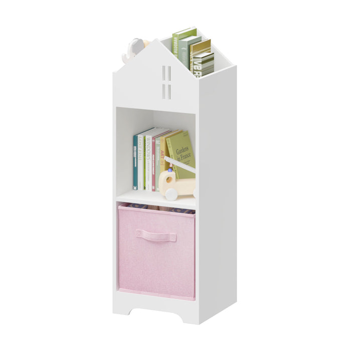 Kids Dollhouse Bookcase With Storage, 2-Tier Storage Display Organizer, Toddler Bookshelf With Collapsible Fabric Drawers For Bedroom Or Playroom (White / Pink)