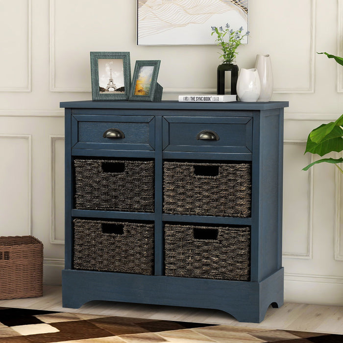 Trexm Rustic Storage Cabinet With Two Drawers And Four Classic Rattan Basket For Dining Room/Entryway/Living Room (Antique Navy)