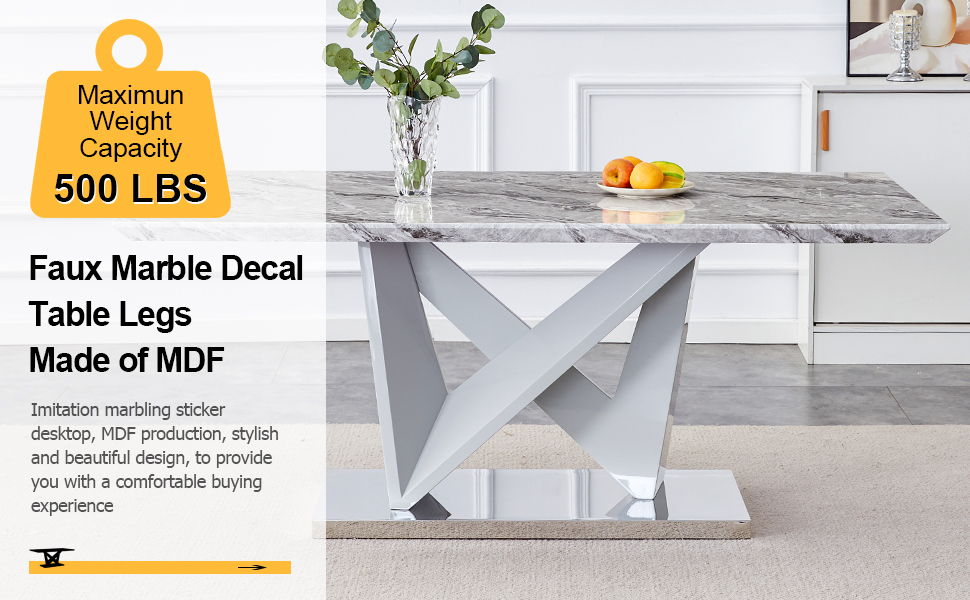 Modern Grey Mdf Faux Marble Dining Table With White Double V-Shaped Supports And Plating Metal Base - Spacious, Easy To Clean, Perfect For 6-8 People