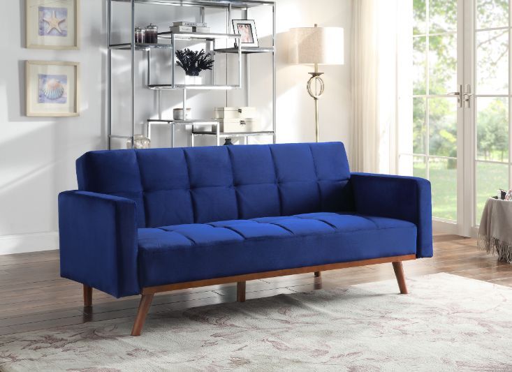Tanitha - Futon - Blue Velvet & Natural Finish Unique Piece Furniture