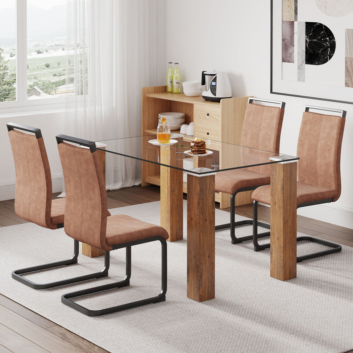 Table And Chair Set, 1 Table And 4 Chairs A Modern And Minimalist Rectangular Dining Table Glass Desktop And Wood Colar MDF Table Legs Paired With Brown Chairs