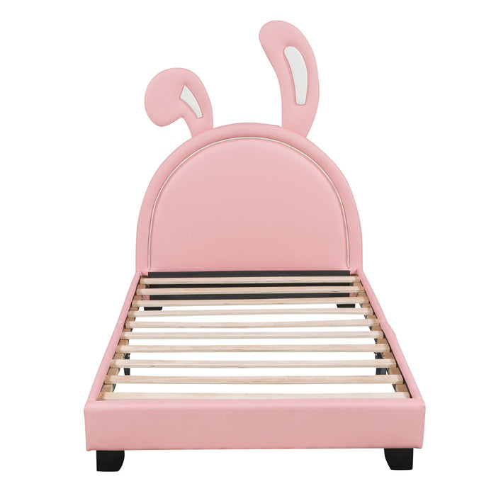 Twin Size Upholstered Leather Platform Bed With Rabbit Ornament, Pink