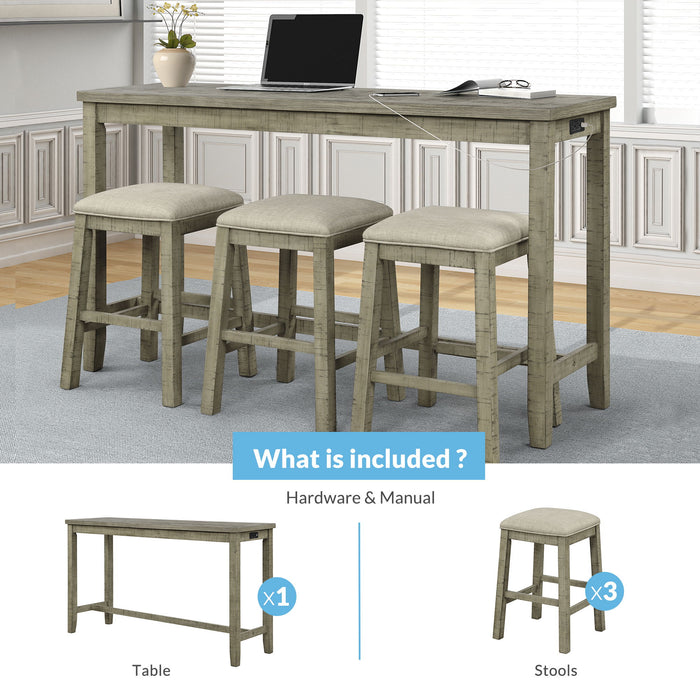 Topmax 4 Pieces Counter Height Table With Fabric Padded Stools, Rustic Bar Dining Set With Socket, Gray Green