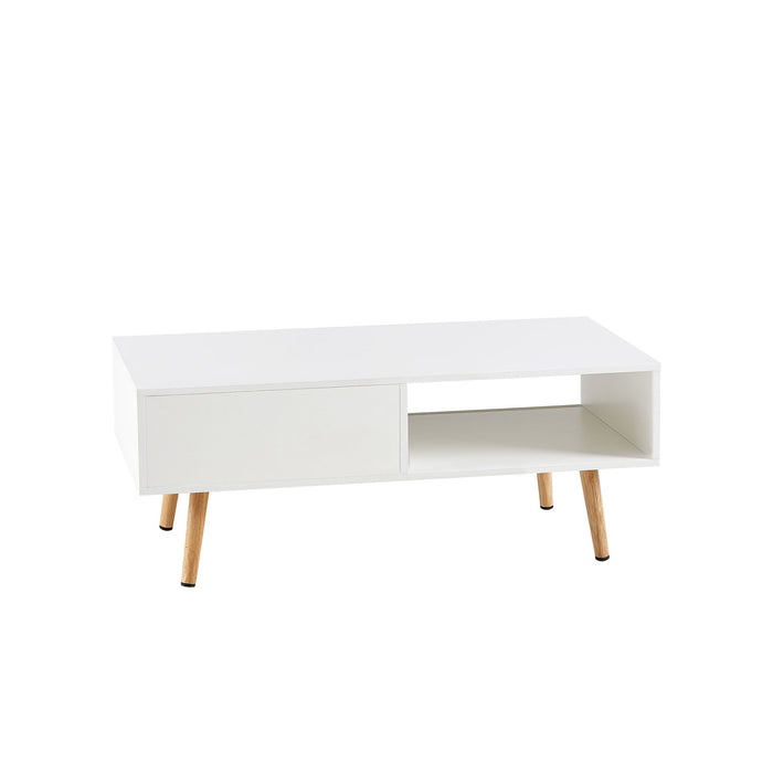 41.34" Rattan Coffee Table, Sliding Door For Storage, Solid Wood Legs, Modern Table For Living Room, White