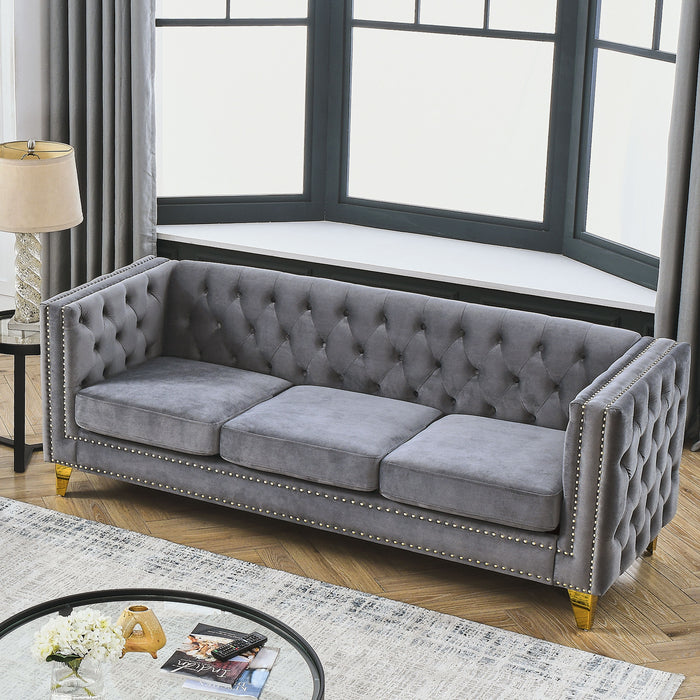 Velvet Sofa For Living Room, Buttons Tufted Square Arm Couch, Modern Couch Upholstered Button And Metal Legs, Sofa Couch For Bedroom, Grey Velvet