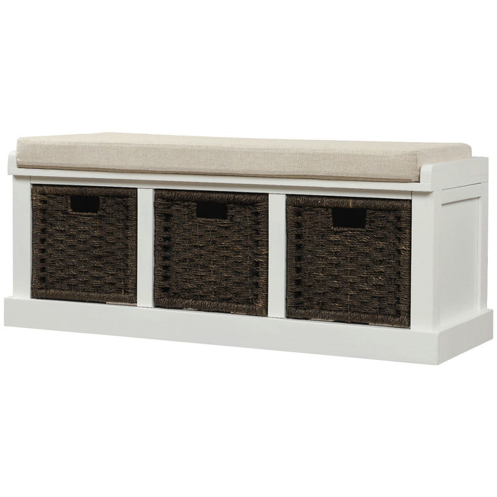 Trexm Rustic Storage Bench With 3 Removable Classic Rattan Basket, Entryway Bench Storage Bench With Removable Cushion (White)