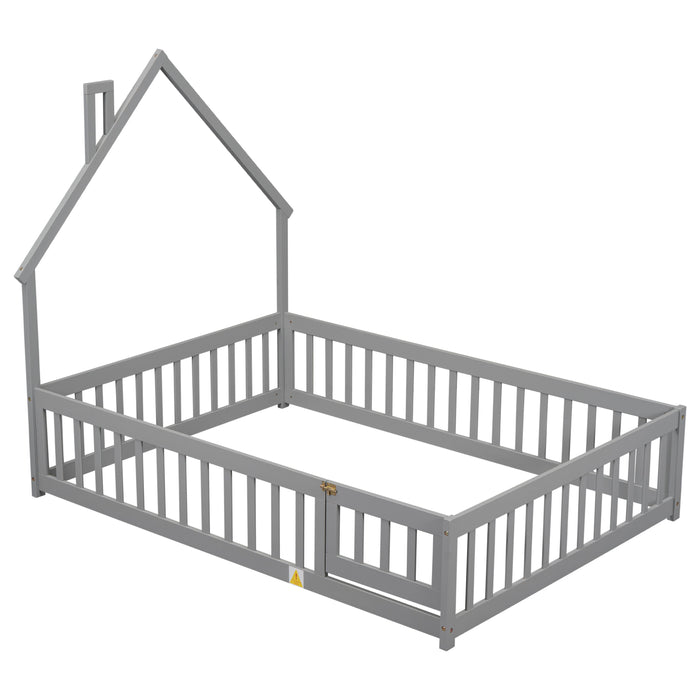Full House - Shaped Headboard Floor Bed With Fence, Grey