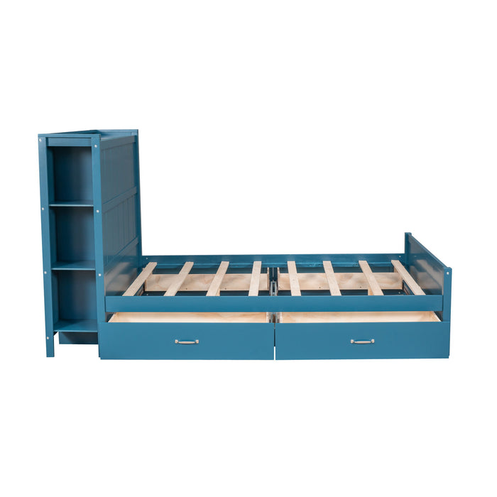 Full Size Platform Bed With Drawers And Storage Shelves, Blue