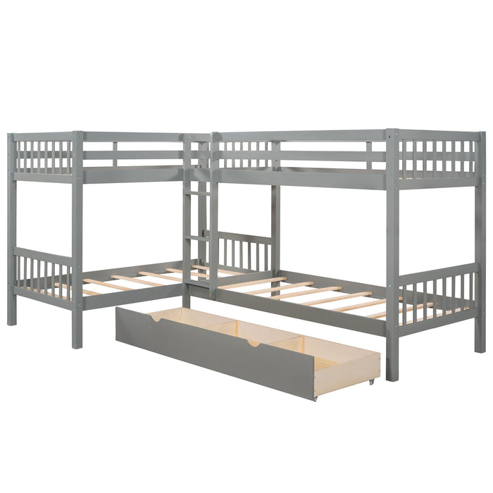 Twin L-Shaped Bunk Bed With Drawers - Gray