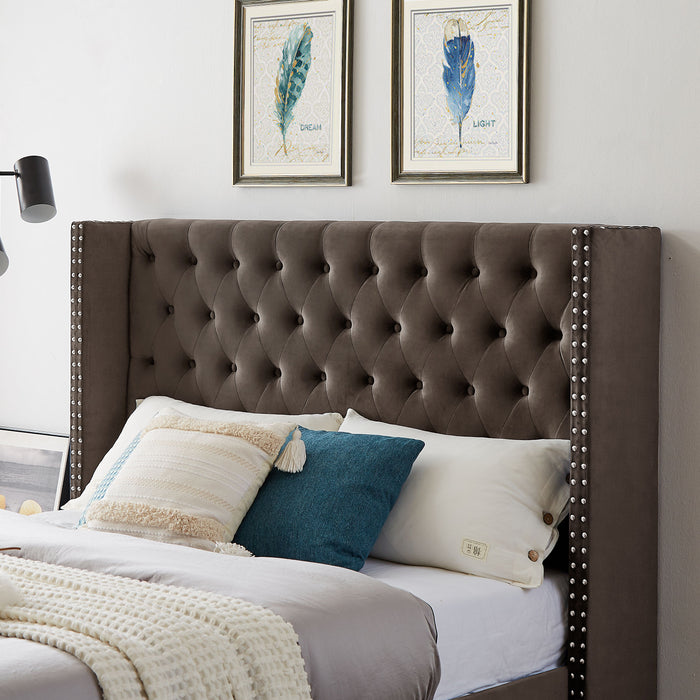 B100S King Bed, Button Designed Headboard, Strong Wooden Slats And Metal Legs With Electroplate - Brown