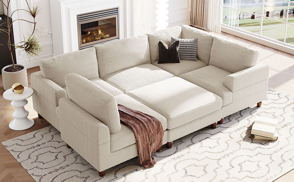U_Style Modular Sectional Sofa With Ottoman L Shaped Corner Sectional For Living Room, Office, Spacious Space - Beige