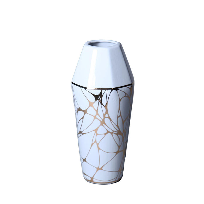 White Ceramic Vase With Gold Organic Accent Design - Elegant And Versatile Home Decor