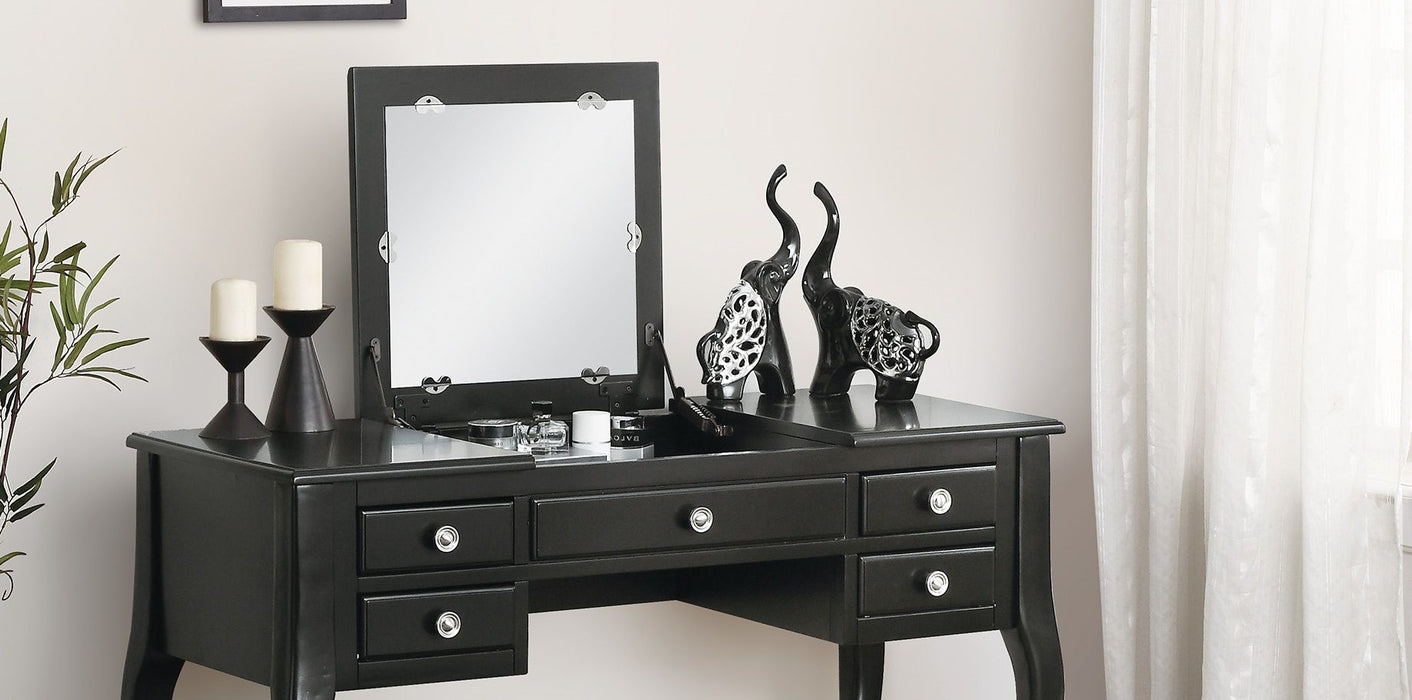 Classic 1 Piece Vanity Set Stool Black Color Drawers Open-Up Mirror Bedroom Furniture Unique Legs Cushion Seat Stool Vanity