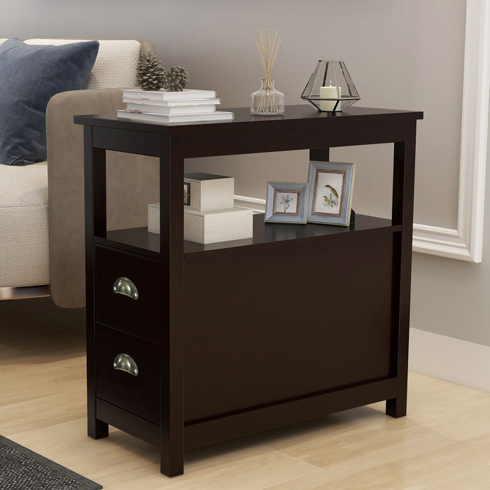 End Table Narrow Nightstand With Two Drawers And Open Shelf - Brown