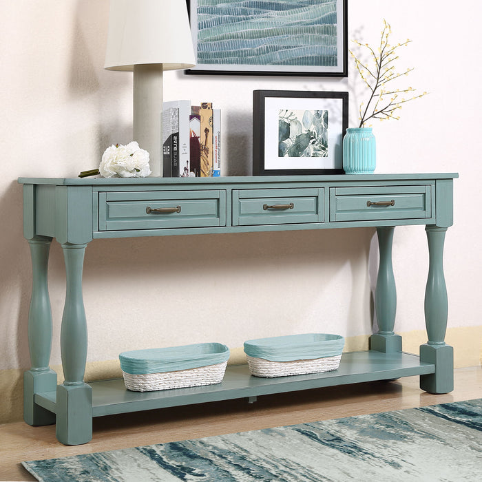 63 Inch Long Wood Console Table With 3 Drawers And 1 Bottom Shelf For Entryway Hallway Easy Assembly Extra-Thick Sofa Table (Retro Blue)