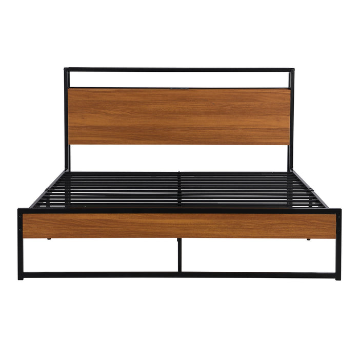 Queen Size Metal Platform Bed Frame With Sockets, Usb Ports And Slat Support, No Box Spring Needed Black