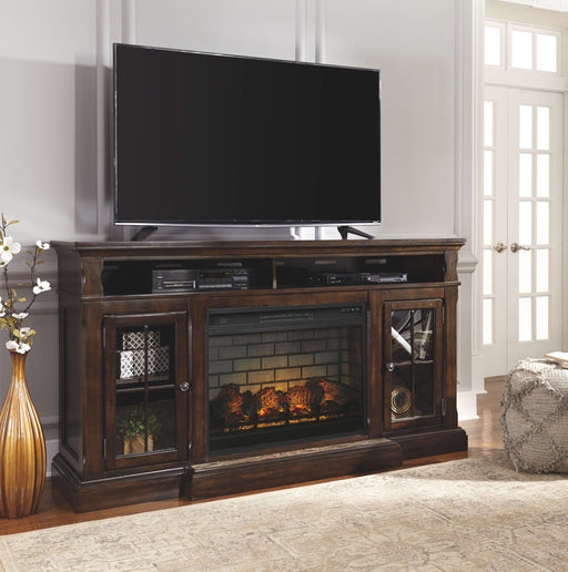 Roddinton - Dark Brown - 2 Pc. - 74" TV Stand With Electric Infrared Fireplace Insert Unique Piece Furniture