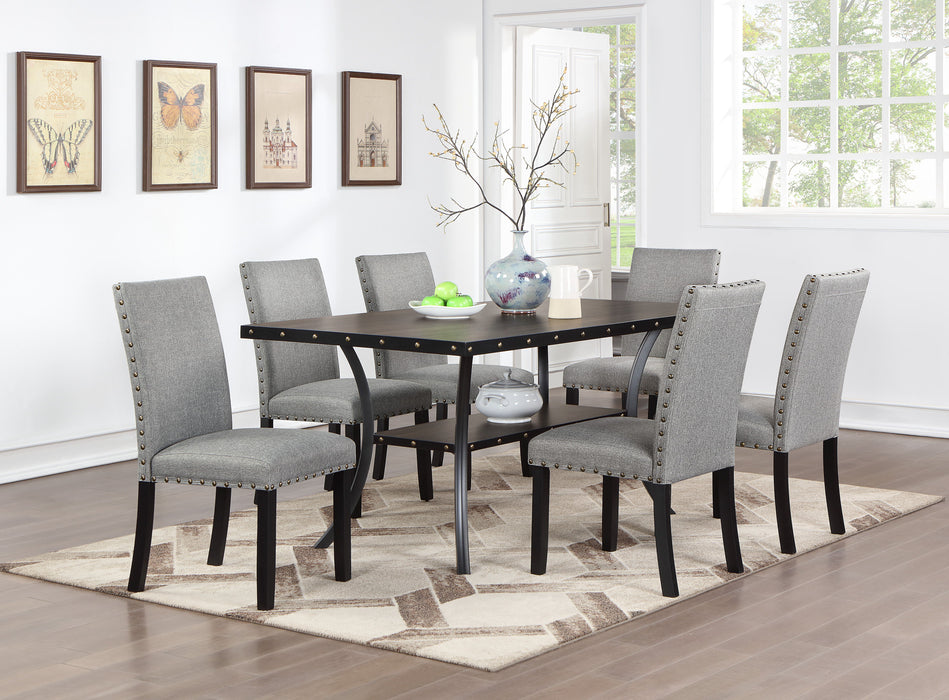 Modern Classic Dining Room Furniture Natural Wooden Rectangle Top Dining Table 6 Side Chairs Gray Fabric Nail Heads Trim And Storage Shelve 7 Pieces Dining Set