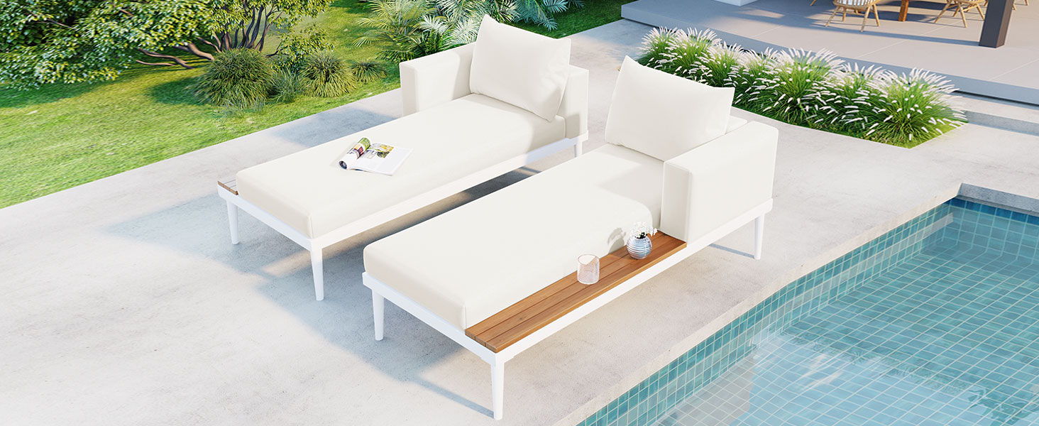 Topmax Modern Outdoor Daybed Patio Metal Daybed With Wood Topped Side Spaces For Drinks, 2 In 1 Padded Chaise Lounges For Poolside, Balcony, Deck, Beige