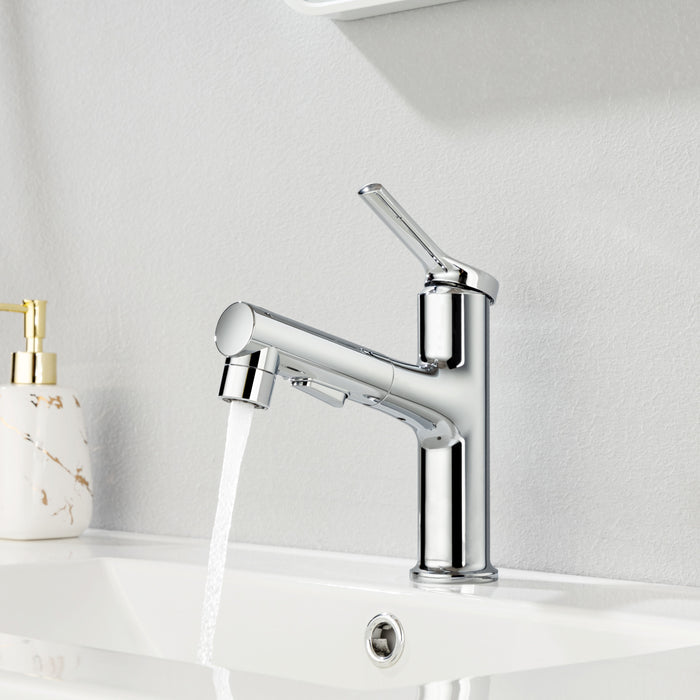Single Hole Bathroom Faucet With Pull Out Sprayer, Dual Spray Modes, Solid Brass Polished Chrome Bathroom Faucet For Sink, Modern One Handle Bath Vanity Faucet With Face Basin Mixer Tap\\Nvisit The Yi - Chrome