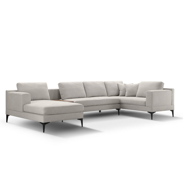 3 Piece U-Shape Upholstered Sectional Couch Sofa Set With 1 Two Seat Sofas 1 Two Seat Armless Sofa 1 Chaise And 1 Small Coffee Table With Drawers, With Reversible Chaise Lounge, Texture Champange