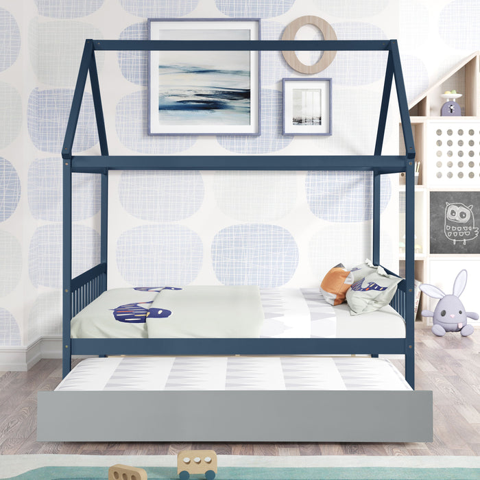 Navy Blue House Full Bed With Gray Trundle