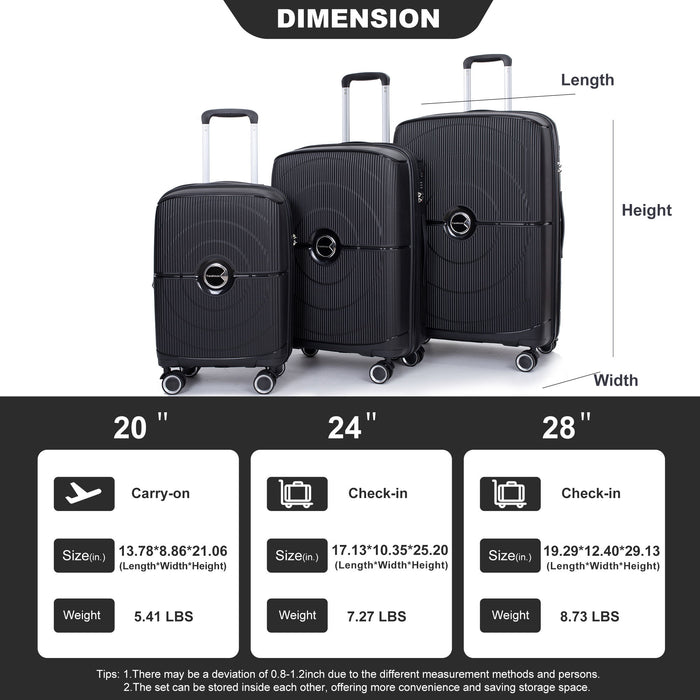 Expandable Hardshell Suitcase Double Spinner Wheels Pp Luggage Sets Lightweight Durable Suitcase With Tsa Lock, 3 Piece Set - Black