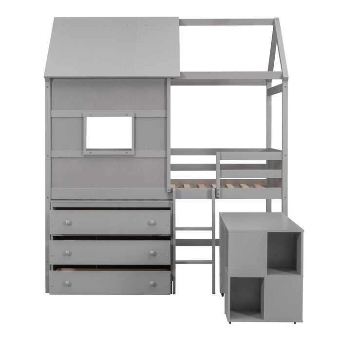 Twin Size House Loft Bed With Storage Desk And 3 Drawer Chest, Gray