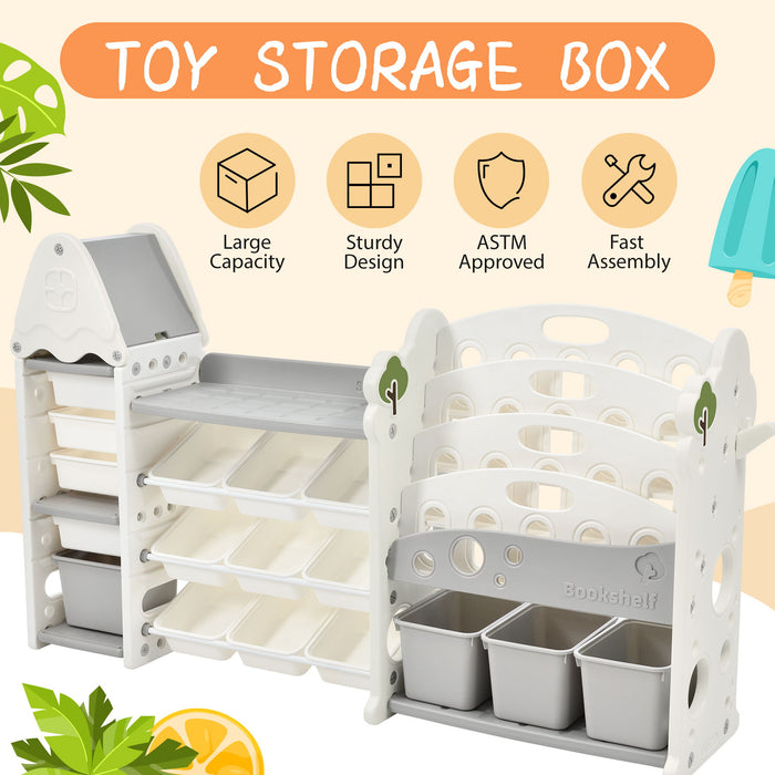 Kids Bookshelf Toy Storage Organizer With 17 Bins And 5 Bookshelves, Multi-Functional Nursery Organizer Kids Furniture Set Toy Storage Cabinet Unit