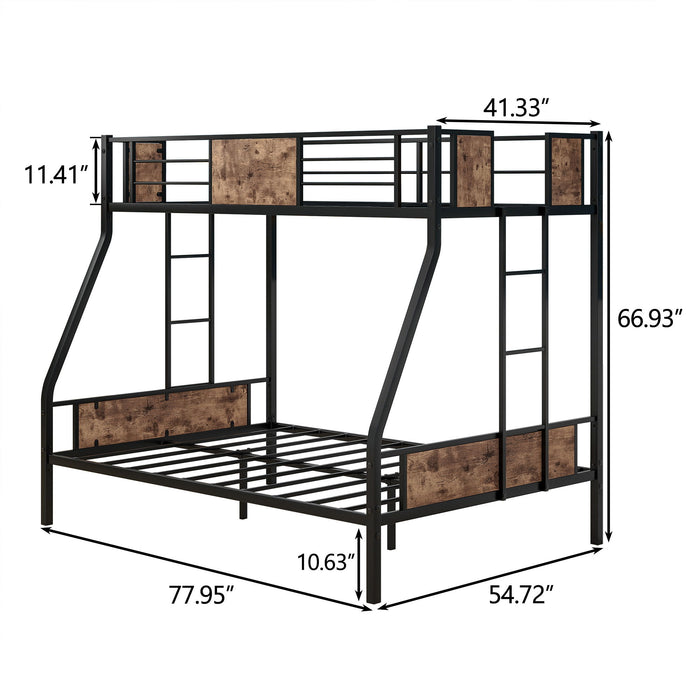 Twin Over Full Metal Bunk Bed, Heavy Duty Metal Bed Frame With Safety Rail, 2 Side Ladders & Decorative Wood, No Box Spring Needed