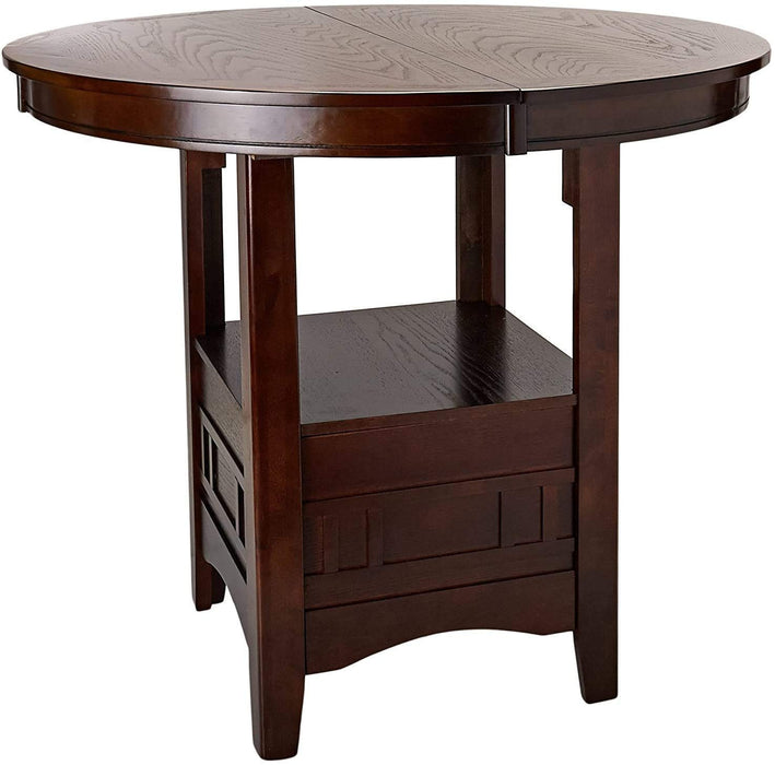 Dining Table Round Counter Height Dining Table Shelve 1 Piece Table Only Solid Wood Dark Rosy Brown Finish