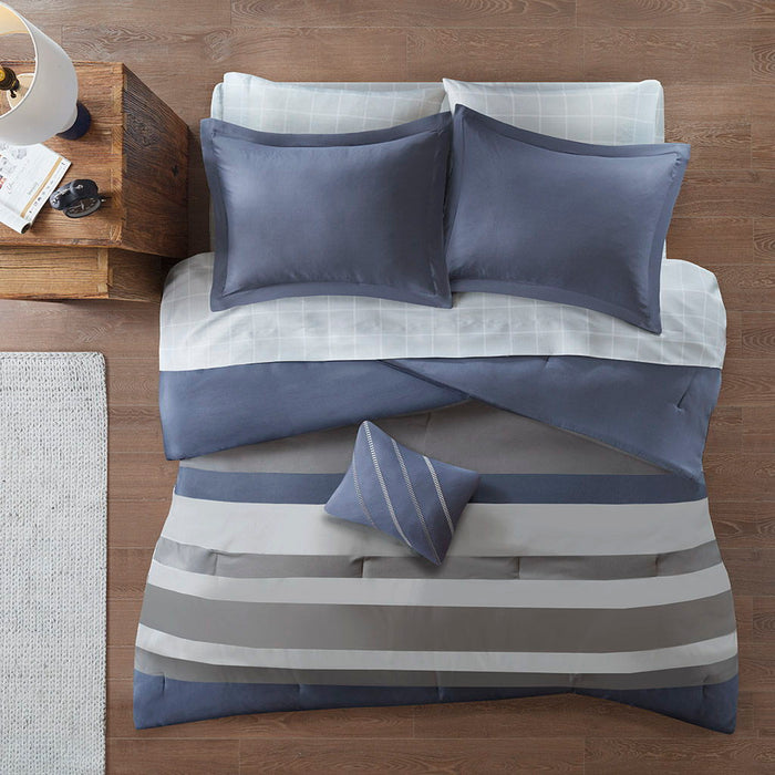 Striped Comforter Set With Bed Sheets, Blue / Grey