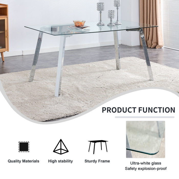 A Modern Minimalist Rectangular Glass Dining Table With Tempered Glass Tabletop And Silver Metal Legs, Suitable For Kitchens, Restaurants, And Living Rooms
