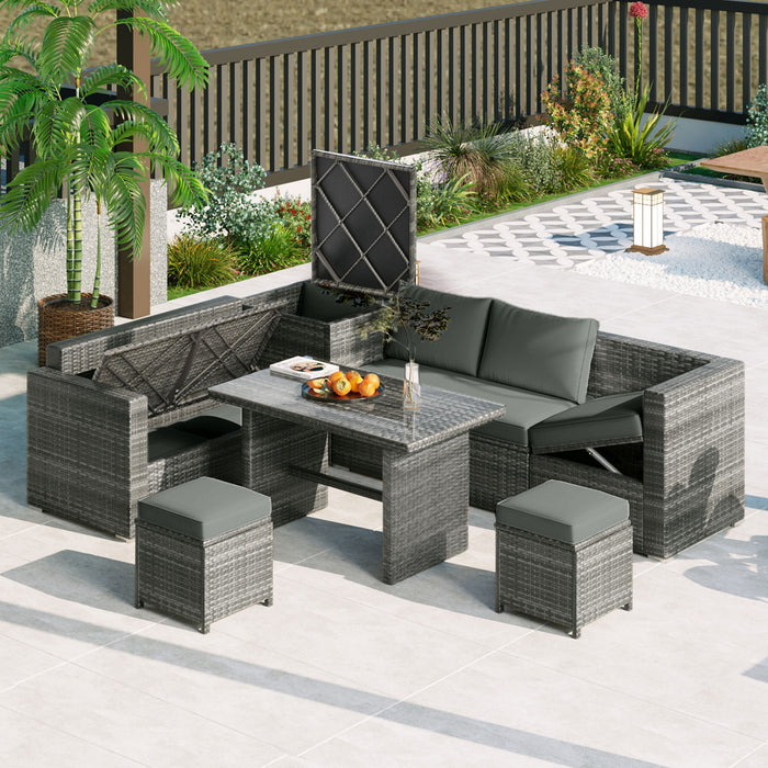 Top max Outdoor 6 Piece All Weather Pe Rattan Sofa Set, Garden Patio Wicker Sectional Furniture Set With Adjustable Seat, Storage Box, Removable Covers And Tempered Glass Top Table, Gray