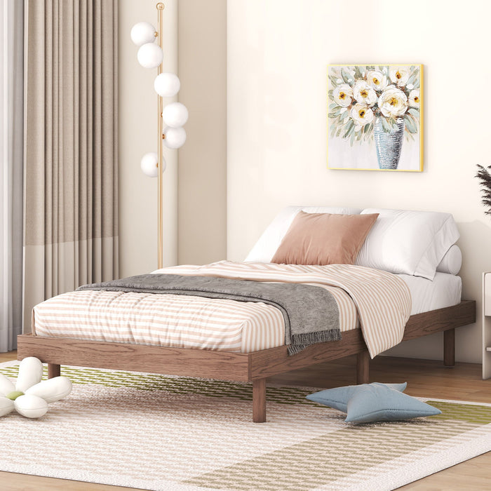 Modern Design Twin Size Floating Platform Bed Frame Of Walnut Color