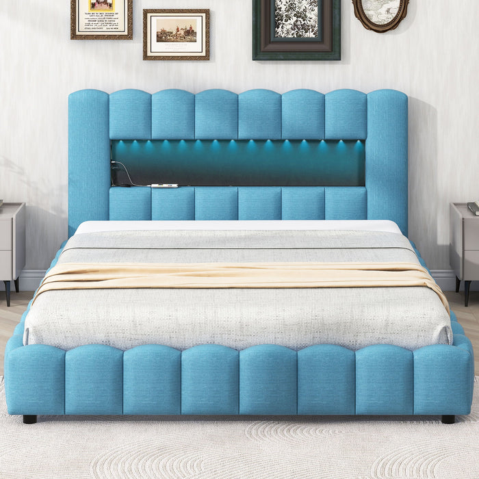 Queen Size Upholstered Platform Bed With Led Headboard And USB, Blue