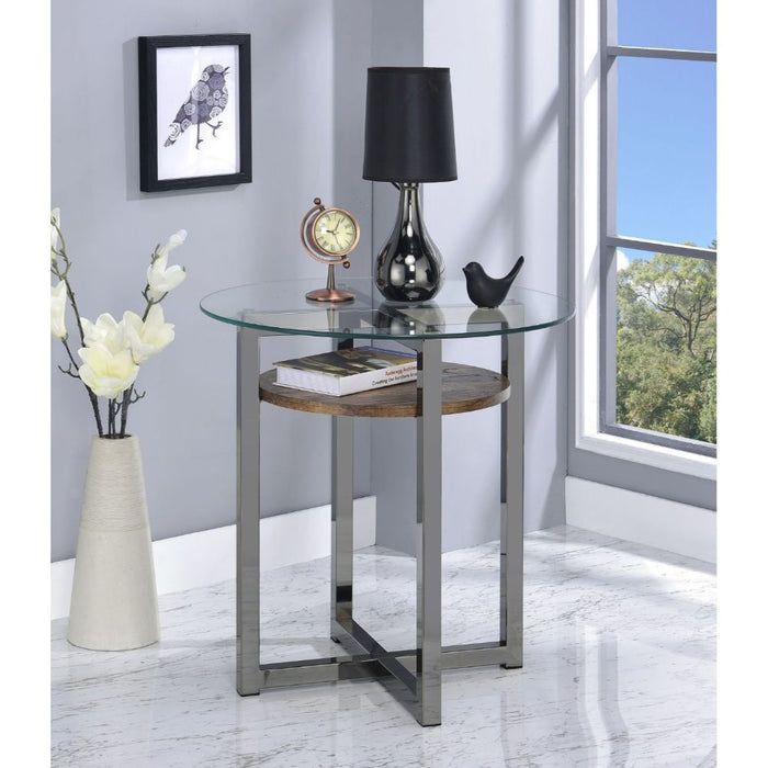 Janette - End Table - Weathered Oak, Black Nickel & Clear Glass