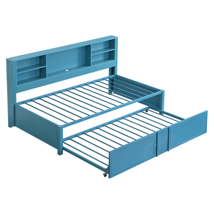 Metal Twin Size Daybed With Twin Size Trundle, Storage Shelves And Usb Ports, Blue