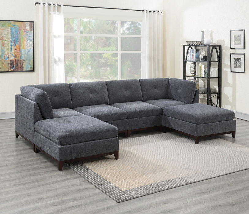 Ash Gray Chenille Fabric Modular Sectional 6 Piece Set Living Room Furniture U-Sectional Couch 2 Corner Wedge 2 Armless Chairs And 2 Ottomans Tufted Back Exposed Wooden Base