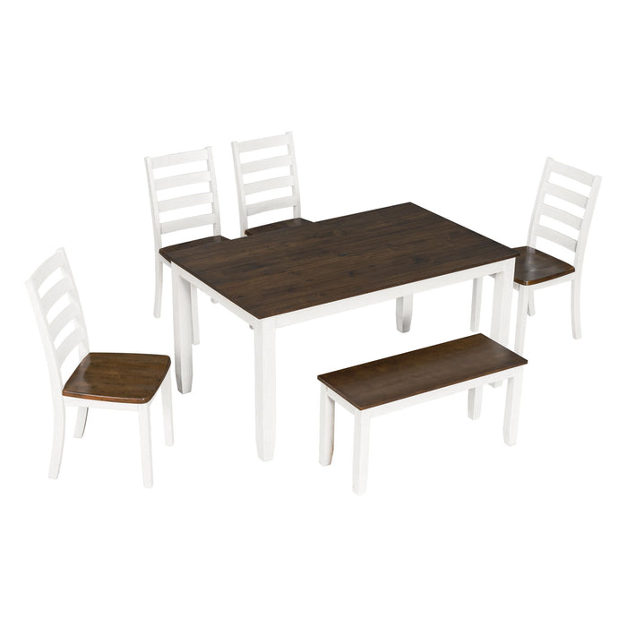 Trexm Rustic Style 6 Piece Dining Room Table Set With 4 Ergonomic Designed Chairs & A Bench (Walnut + Cottage White)