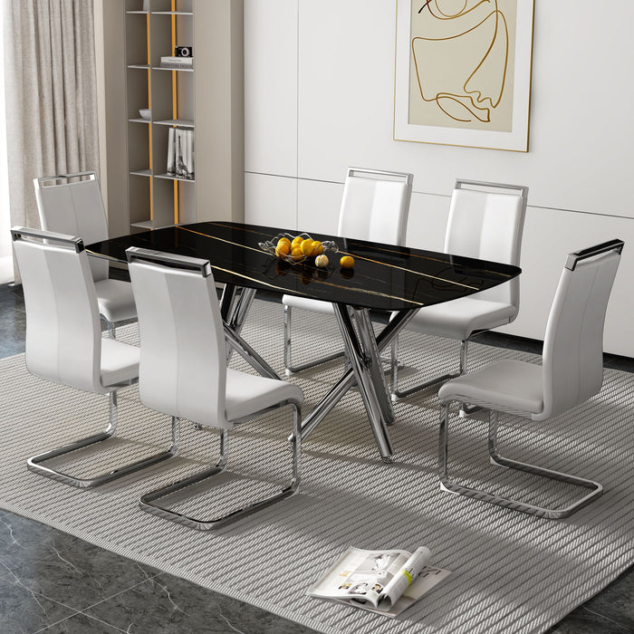 Large Modern Minimalist Rectangular Dining Table With Imitation Marble Black Tabletop And Silver Metal Legs, Suitable For Kitchens, Living Rooms, Conference Rooms, And Banquet Halls