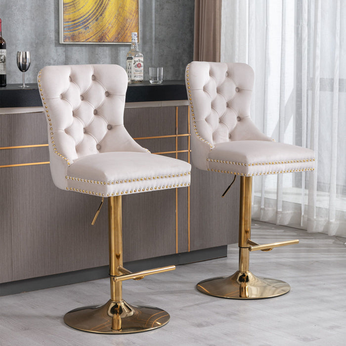 A&A Furniture, Thick Golden Swivel Barstools Adjusatble Seat Height From, Modern Upholstered Bar Stools With Backs Comfortable Tufted For Home Pub And Kitchen Island Beige (Set of 2)