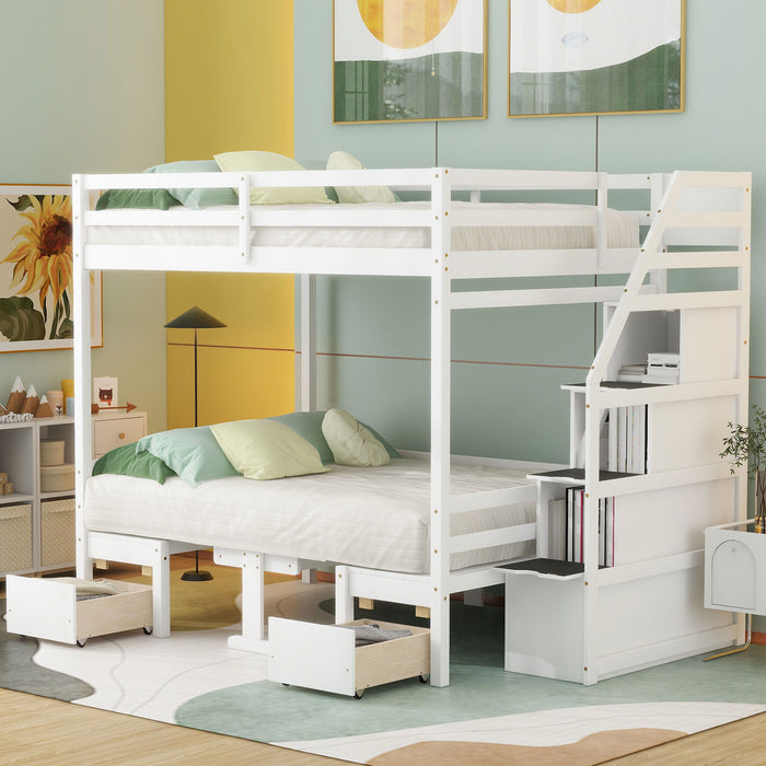 Full Over Full Size Bunk With Staircase, The Down Bed Can Be Convertible To Seats And Table Set, White