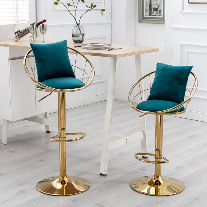Peacock Blue Velvet Bar Chair, Pure Gold Plated, Unique Design, 360 Degree Rotation, Adjustable Height, suitable For Dinning Room And Bar, (Set of 2)